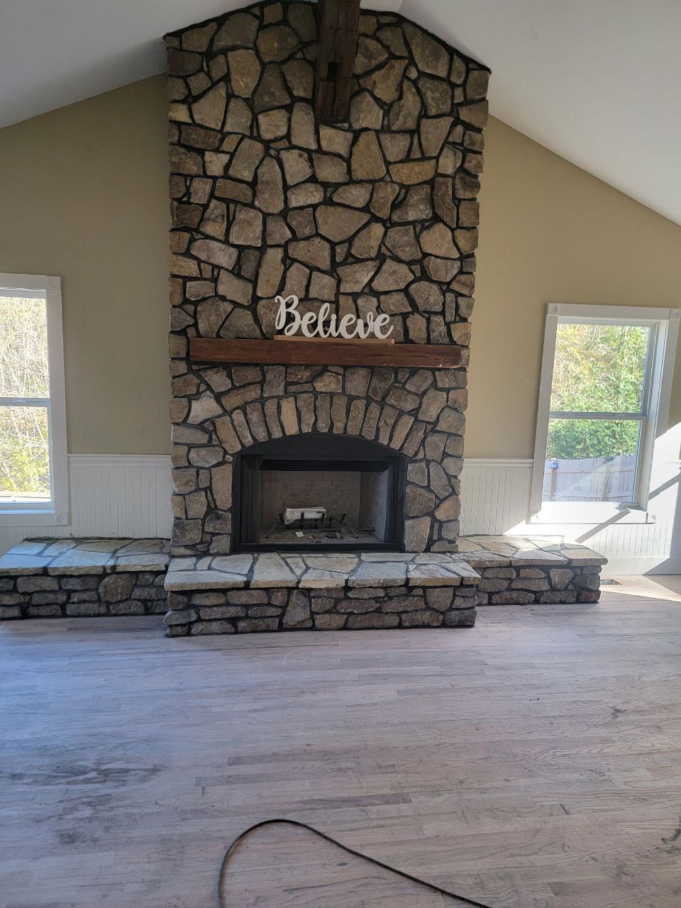 Floor-to-Ceiling Interior Stone Fireplace
